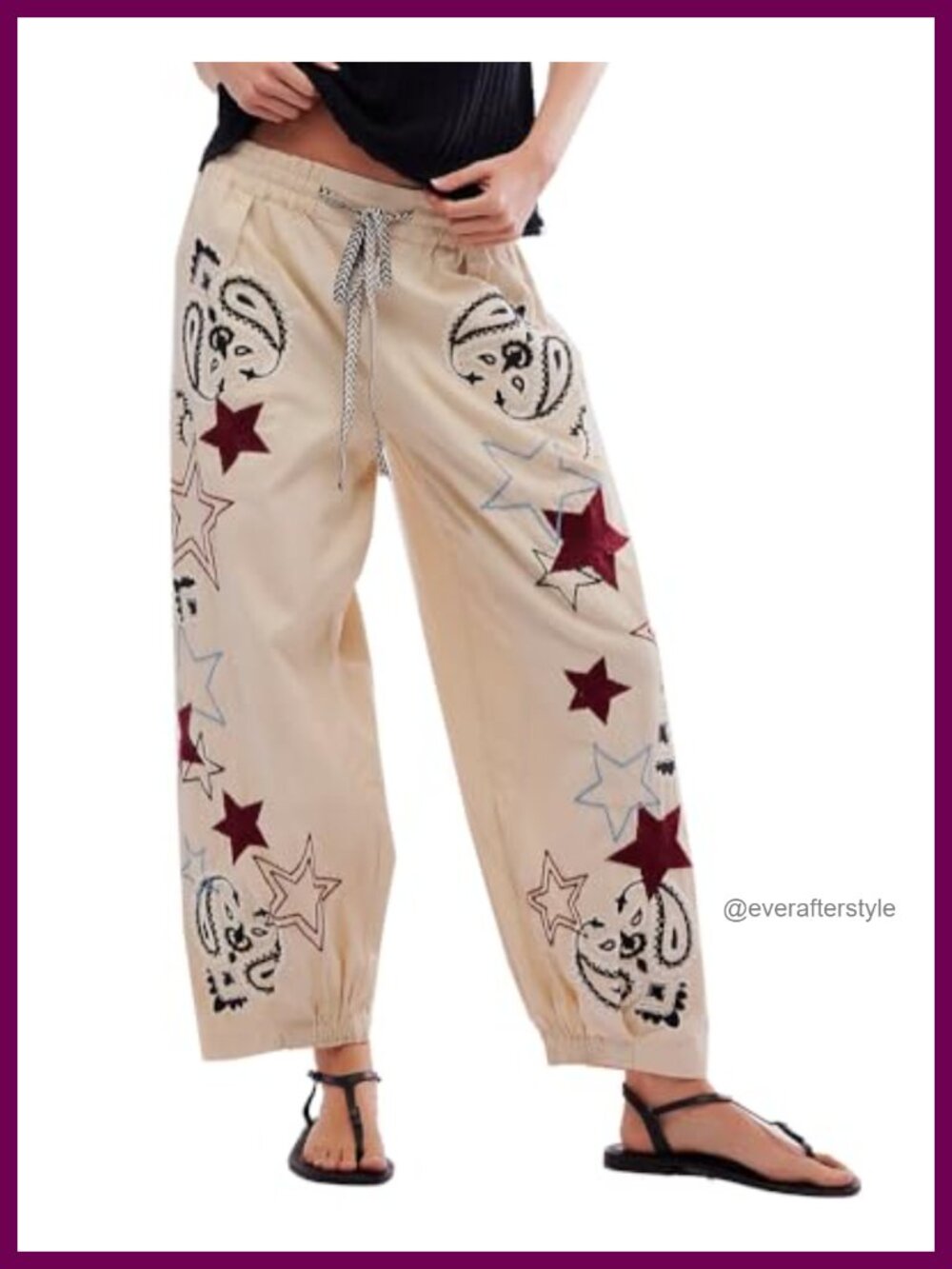 Kedera Mid Rise Wide Leg Barrel Jeans Embroidered Star Pull On
